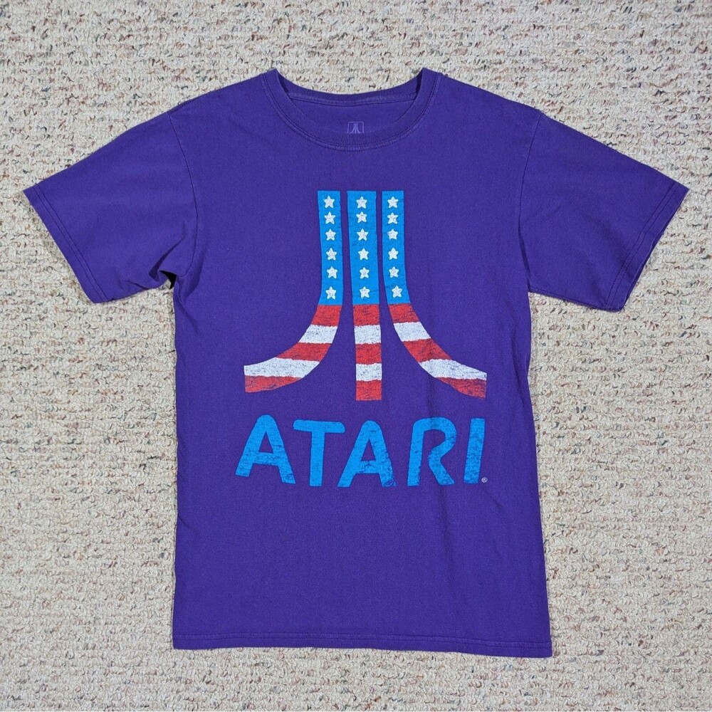 Atari T-Shirt USA Logo American Flag Retro Purple Mens SMALL Video Gamer Tee